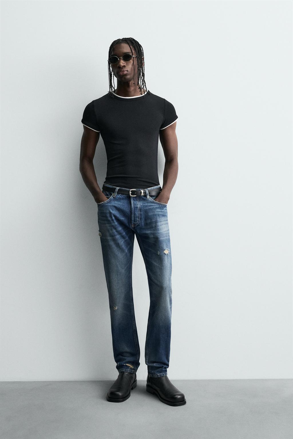 Men’s Slim Fit Black T-Shirt  Classic Blue Jeans Look-AM905