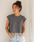 Woman styling Aloomie Castle Rock sleeveless boxy-fit T-shirt with light-wash jeans